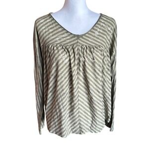 Anthropologie Top Women's Medium Pilar Olive‎ Green Burnout Striped V-Neck
